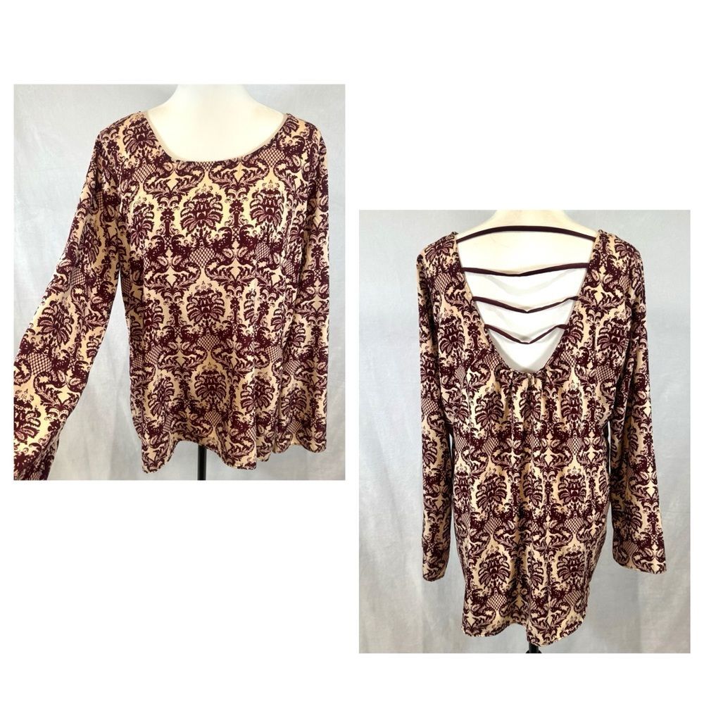 Signature Studio long sleeve damask print open ladder back top size XL